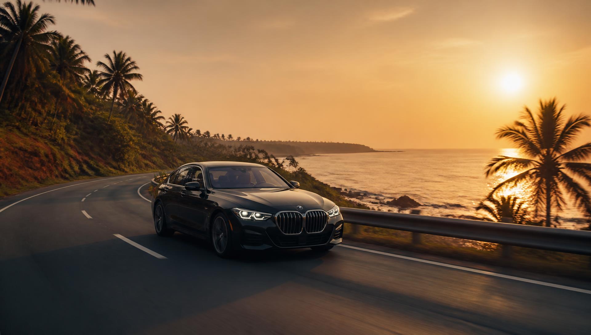 Atharv Cabs premium tourist car on Coastal Karnataka highway at sunset